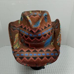 Peter Grimm True Character Painted Straw Unisex Hat Brown/Blue Southwestern O/S
